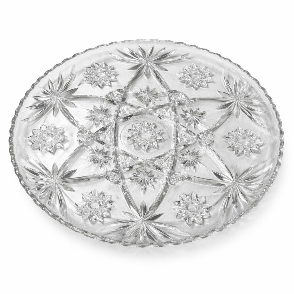 Vintage Clear Pressed Glass Starburst Round Serving Platter Tray 12.5 in E1